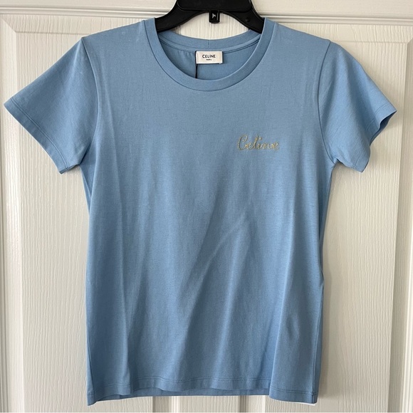 CELINE T SHIRT w/ Embroidered Logo in Cotton - Blue - Size XS - Picture 1 of 10